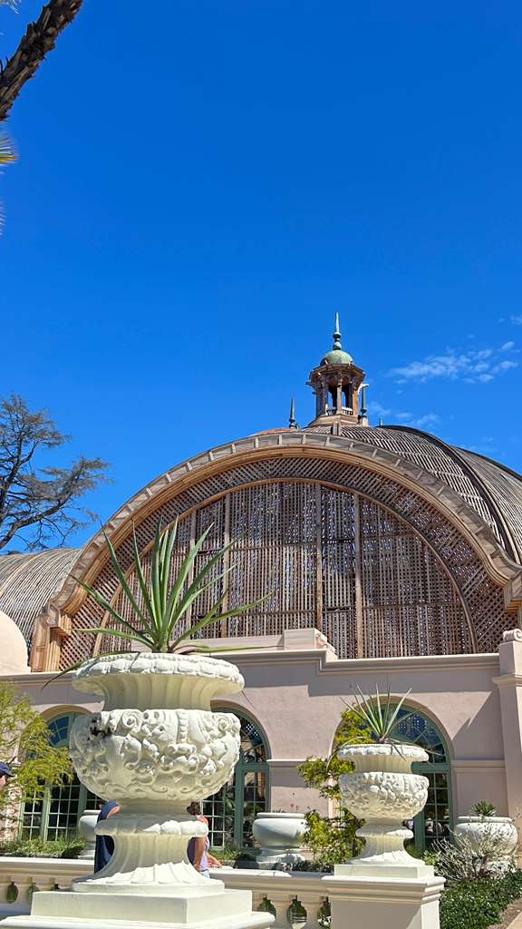 Balboa Park Botanical Building under clear blue sky in San Diego