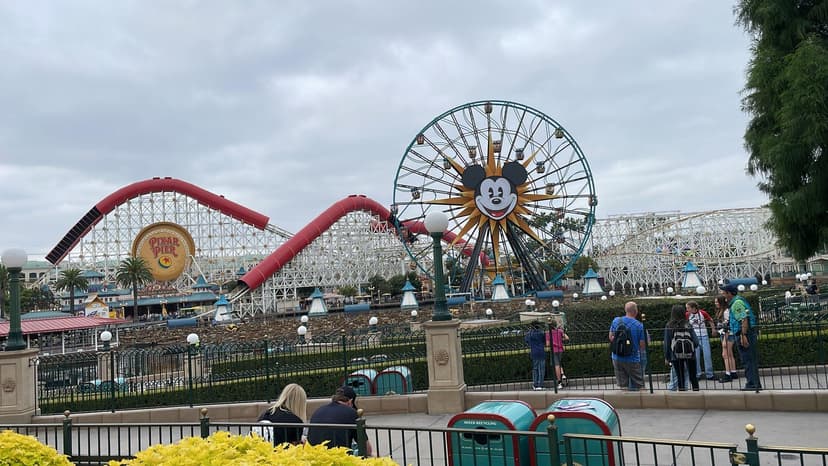 Disney California Adventure's Pixar Pier with Mickey Ferris wheel and roller coaster
