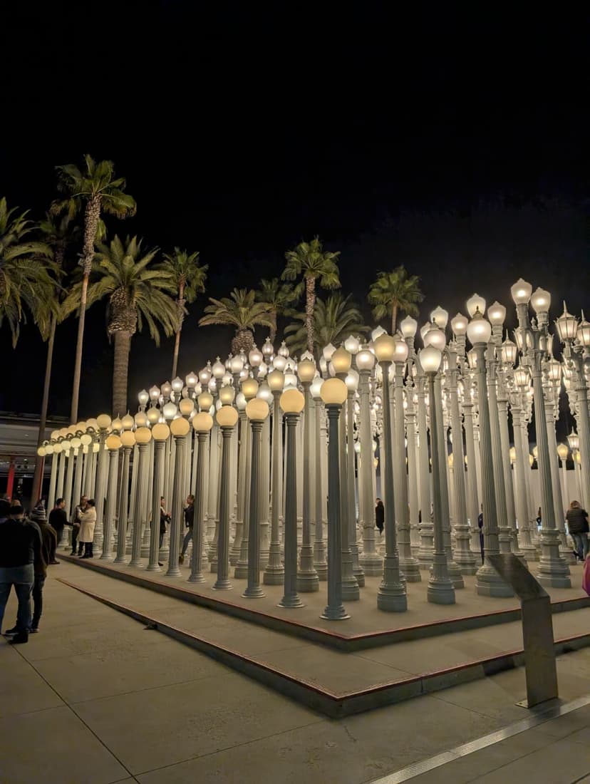 Urban Light installation at LACMA Los Angeles at night with glowing lampposts
