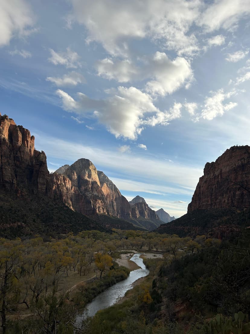 The Watchman Trail view with Virgin River winding through Zion National Park