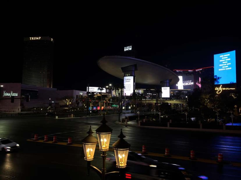 Fashion Show Mall and nearby hotels illuminated along the Las Vegas Strip