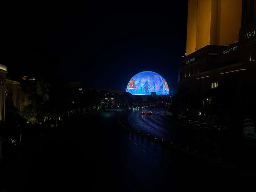 Sphere in Las Vegas glowing with a winter-themed projection